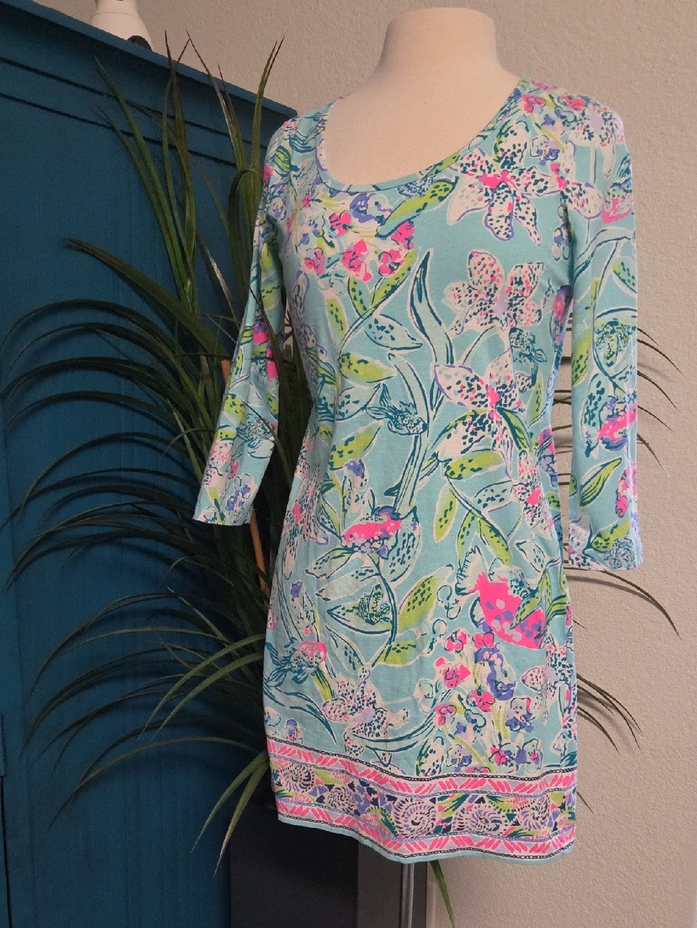 Lilly Pulitzer Aqua Floral Scoop-Neck Dress